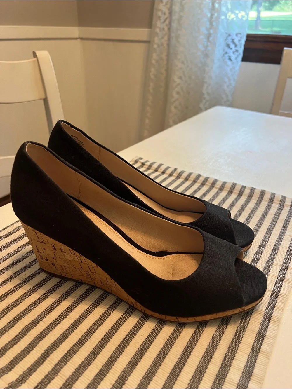 Kelly & Katie Black Peep-Toe Cork Wedge Pumps